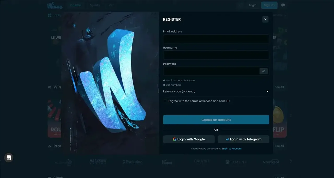 Winna Casino — obrazac registracije